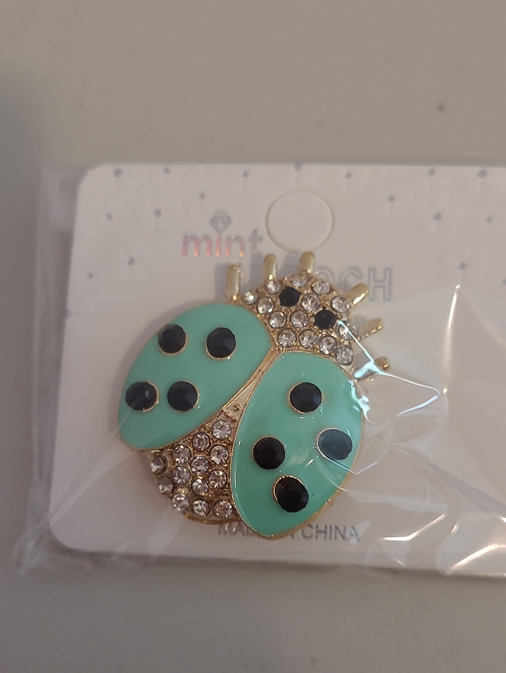 Mint Green Ladybug Brooch with Crystals